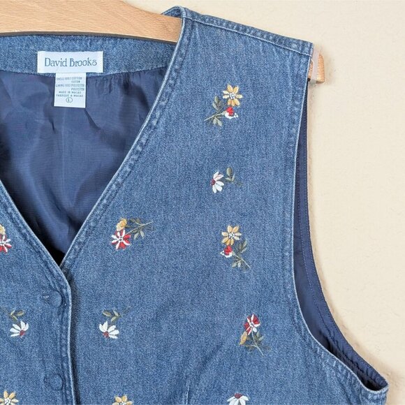 VTG 90s David Brooks Denim Vest Floral Embroidered Lined sz L Cottagecore Fairy - Picture 2 of 7